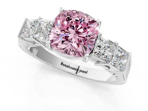 White gold Fancy Pink Cushion Cut Solitaire Princess Side Stone Engraved Band Prong Setting Ring_1