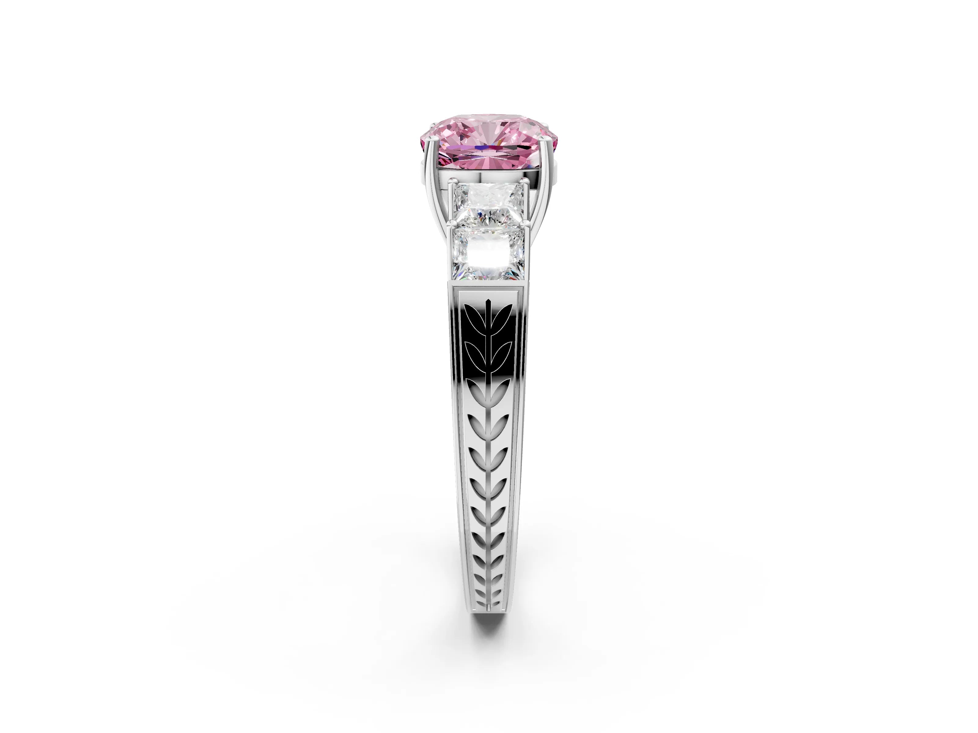 White gold Fancy Pink Cushion Cut Solitaire Princess Side Stone Engraved Band Prong Setting Ring_2