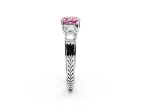 White gold Fancy Pink Cushion Cut Solitaire Princess Side Stone Engraved Band Prong Setting Ring_2