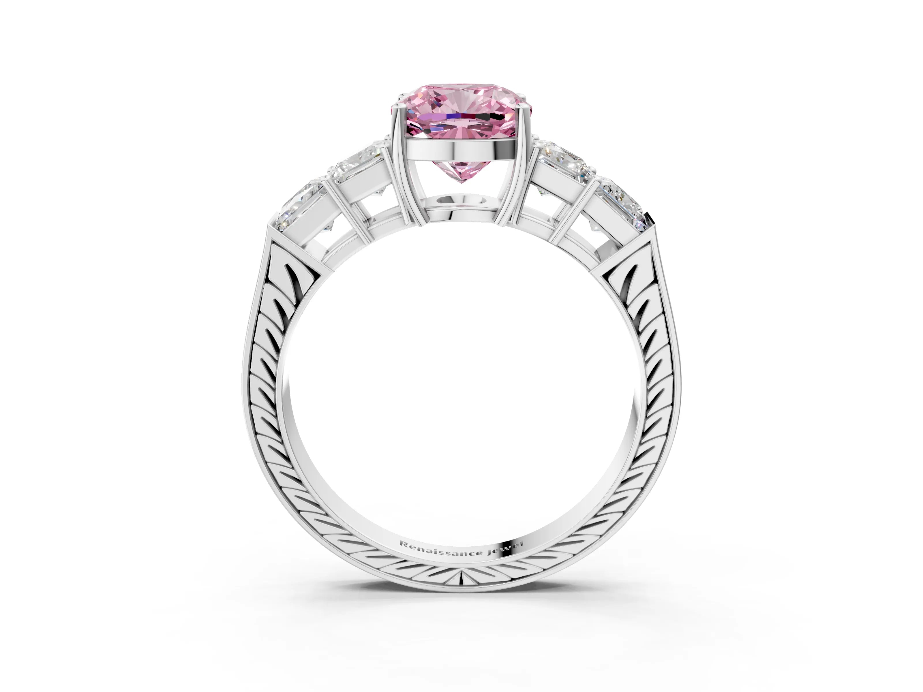 White gold Fancy Pink Cushion Cut Solitaire Princess Side Stone Engraved Band Prong Setting Ring_3