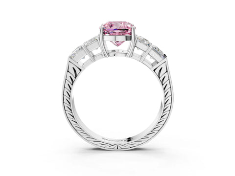 White gold Fancy Pink Cushion Cut Solitaire Princess Side Stone Engraved Band Prong Setting Ring_3