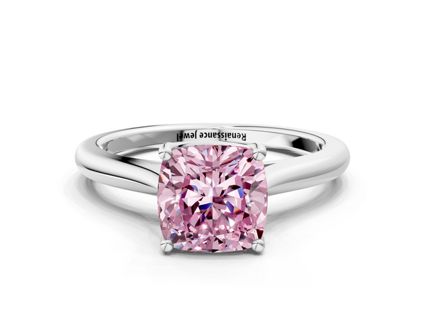 White gold Fancy Pink Cushion  Cut Solitaire Ring with Cathedral Band and Four-Prong Setting
