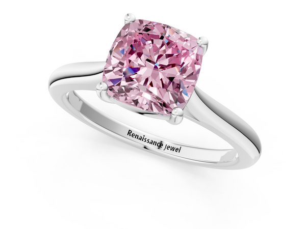 White gold Fancy Pink Cushion  Cut Solitaire Ring with Cathedral Band and Four-Prong Setting