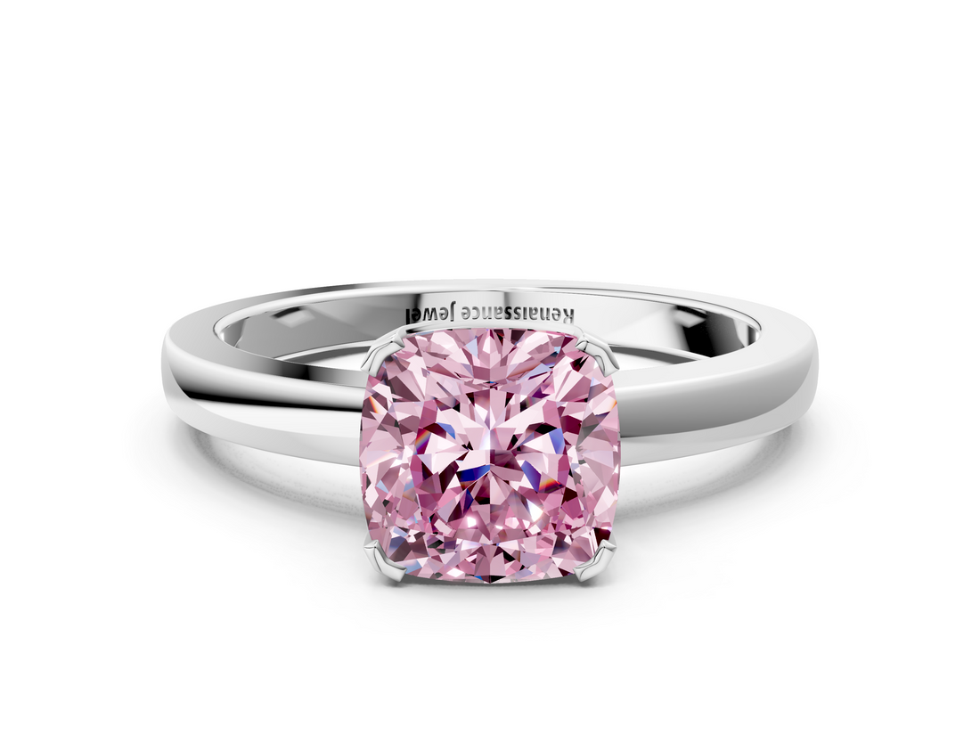 White gold Fancy Pink Cushion  Cut Solitaire Ring with Four-Prong Setting and Classic Band_42