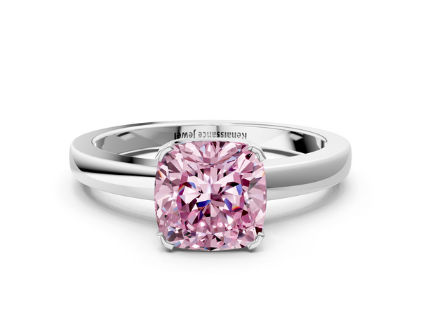 White gold Fancy Pink Cushion  Cut Solitaire Ring with Four-Prong Setting and Classic Band