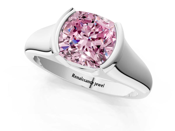 Platinum Fancy Pink Cushion Cut Solitaire Tension Set Diamond Ring with Split Shank Band