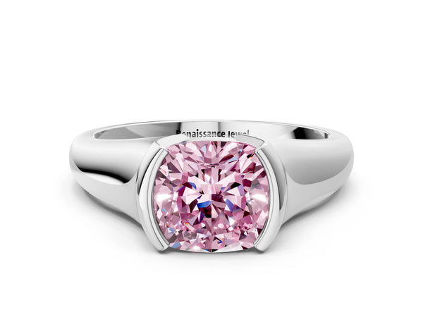 Platinum Fancy Pink Cushion Cut Solitaire Tension Set Diamond Ring with Split Shank Band
