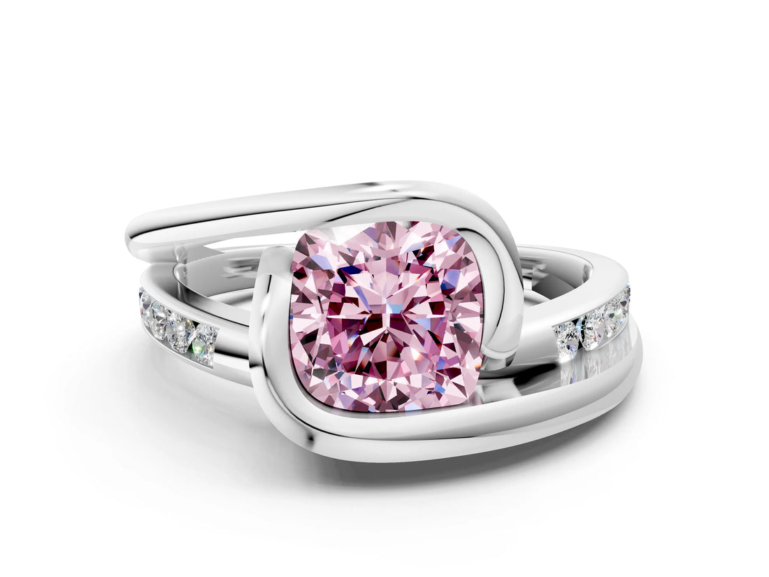 White gold Fancy Pink Cushion Cut Solitaire Tension-Set Diamond Split Shank Ring