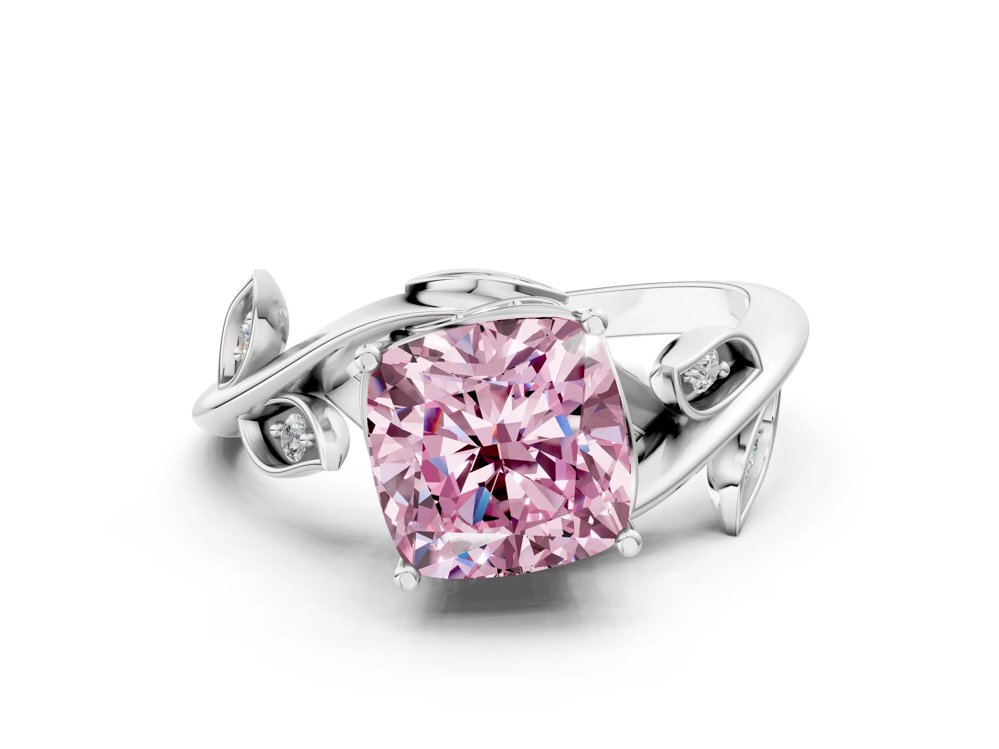 White gold Fancy Pink Cushion Cut Solitaire Twist Engagement Ring with Leaf Accents and Prong Setting_12