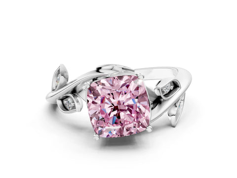 White gold Fancy Pink Cushion Cut Solitaire Twist Engagement Ring with Leaf Accents and Prong Setting_12