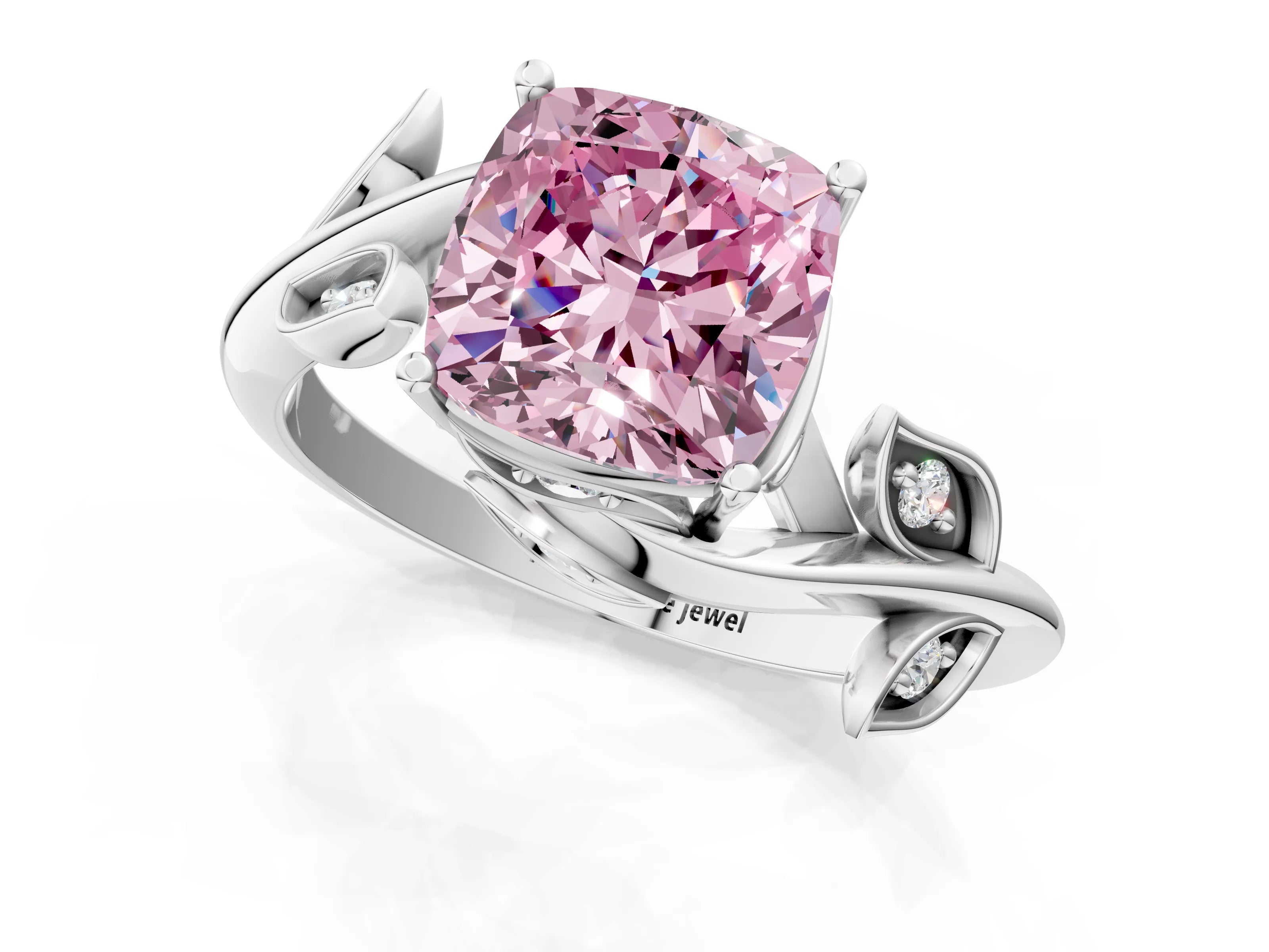 White gold Fancy Pink Cushion Cut Solitaire Twist Engagement Ring with Leaf Accents and Prong Setting_13