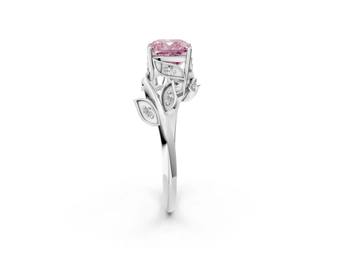 White gold Fancy Pink Cushion Cut Solitaire Twist Engagement Ring with Leaf Accents and Prong Setting_14