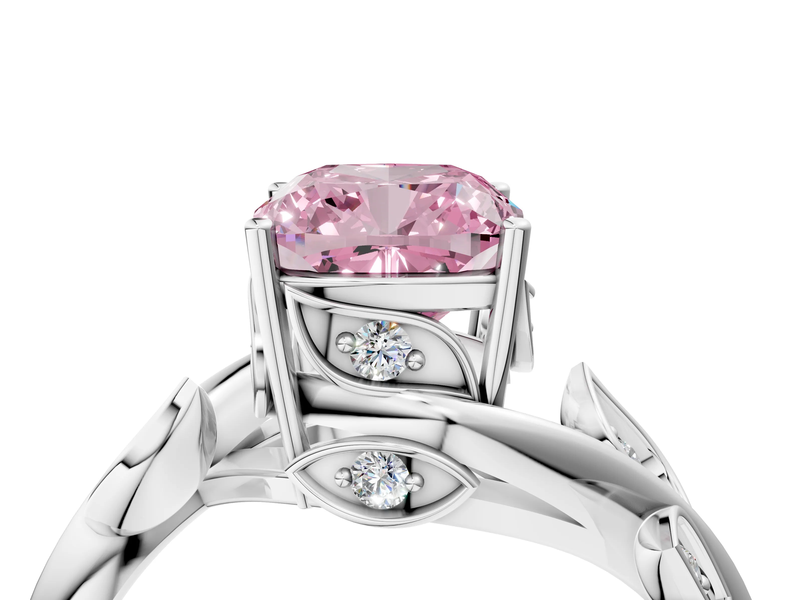White gold Fancy Pink Cushion Cut Solitaire Twist Engagement Ring with Leaf Accents and Prong Setting_16