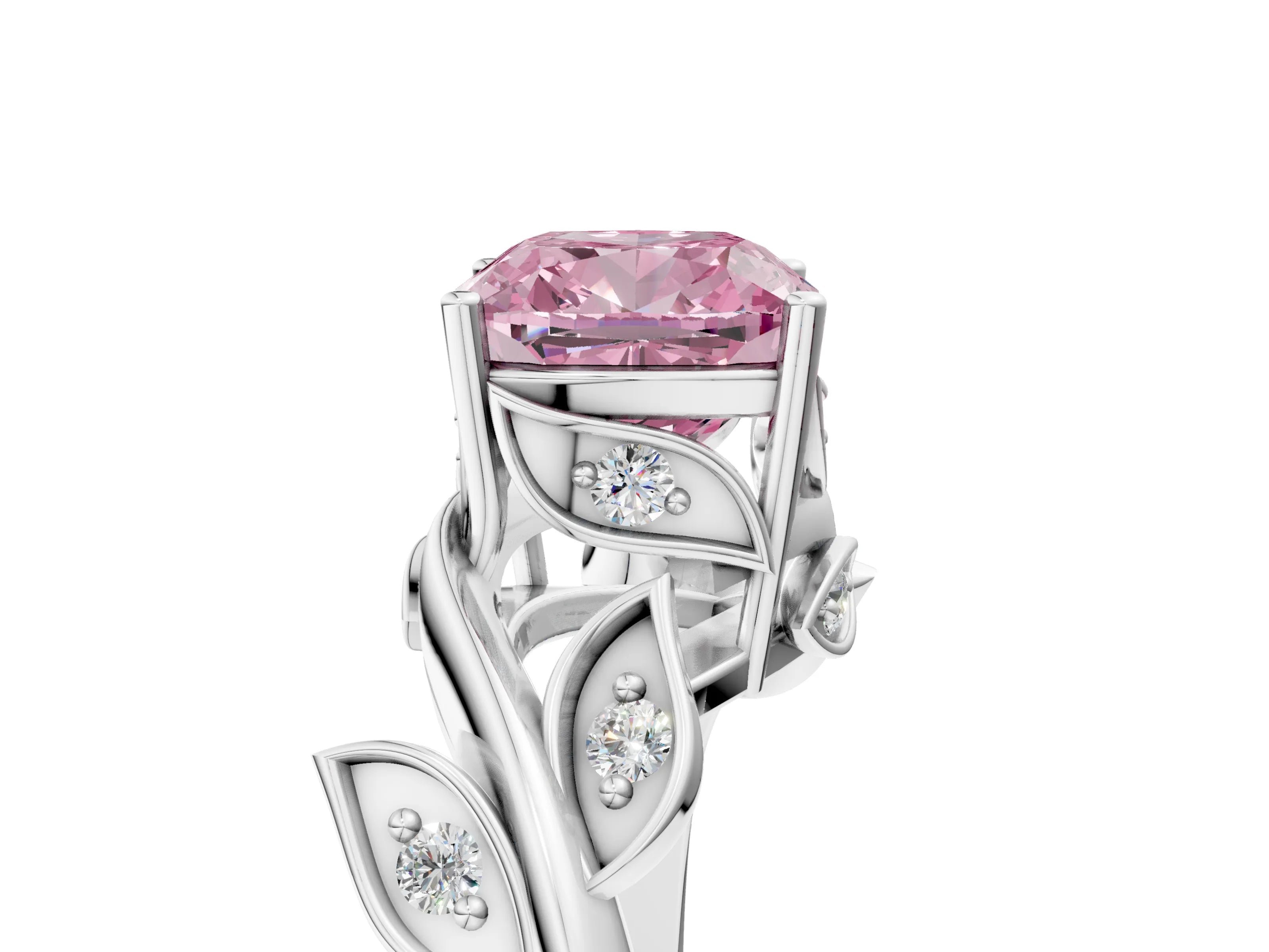 White gold Fancy Pink Cushion Cut Solitaire Twist Engagement Ring with Leaf Accents and Prong Setting_17
