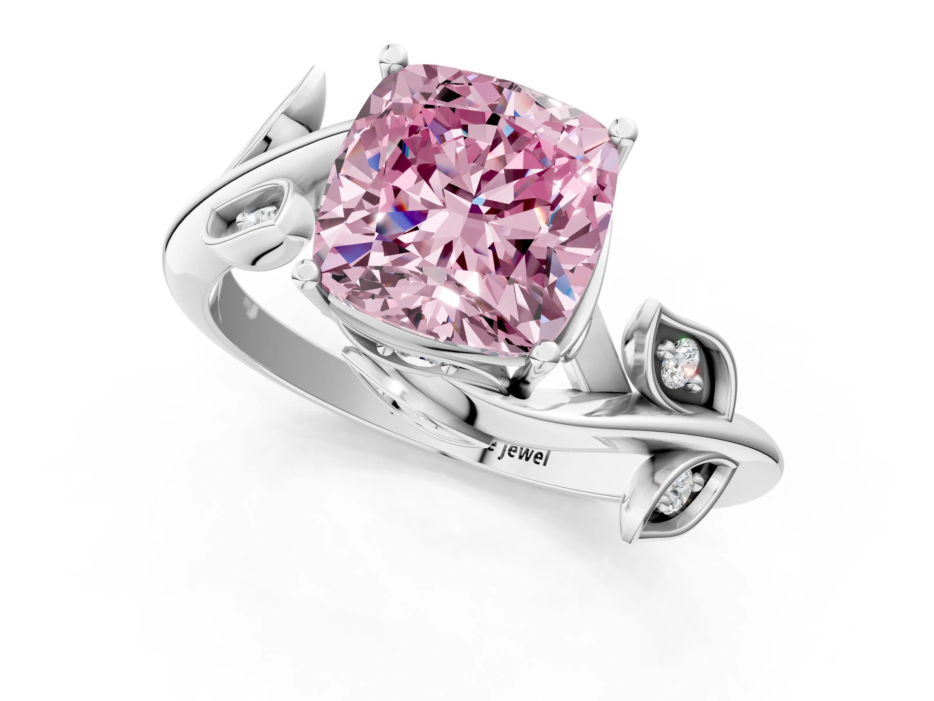 White gold Fancy Pink Cushion Cut Solitaire Twist Engagement Ring with Leaf Accents and Prong Setting_1