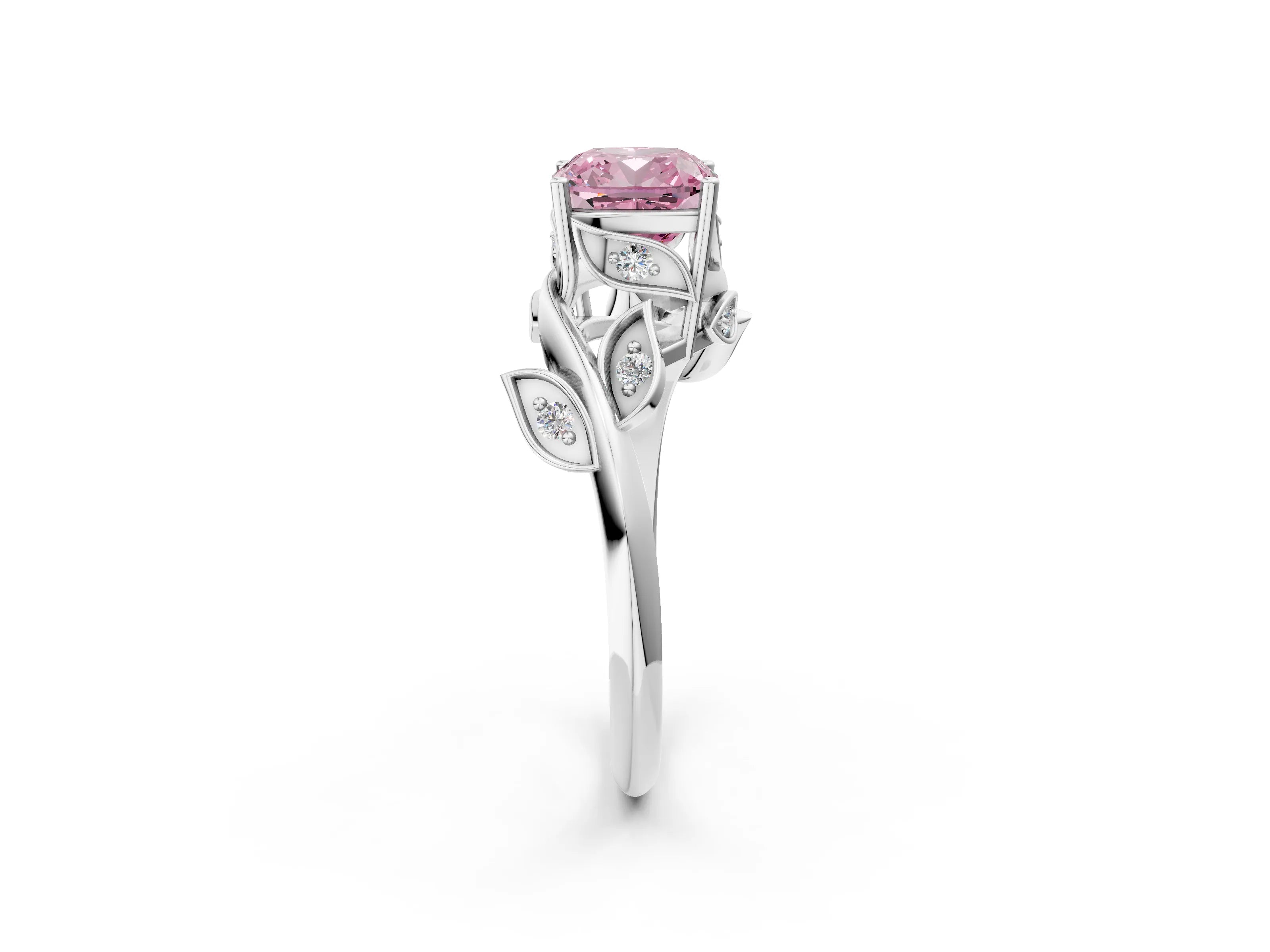 White gold Fancy Pink Cushion Cut Solitaire Twist Engagement Ring with Leaf Accents and Prong Setting_2
