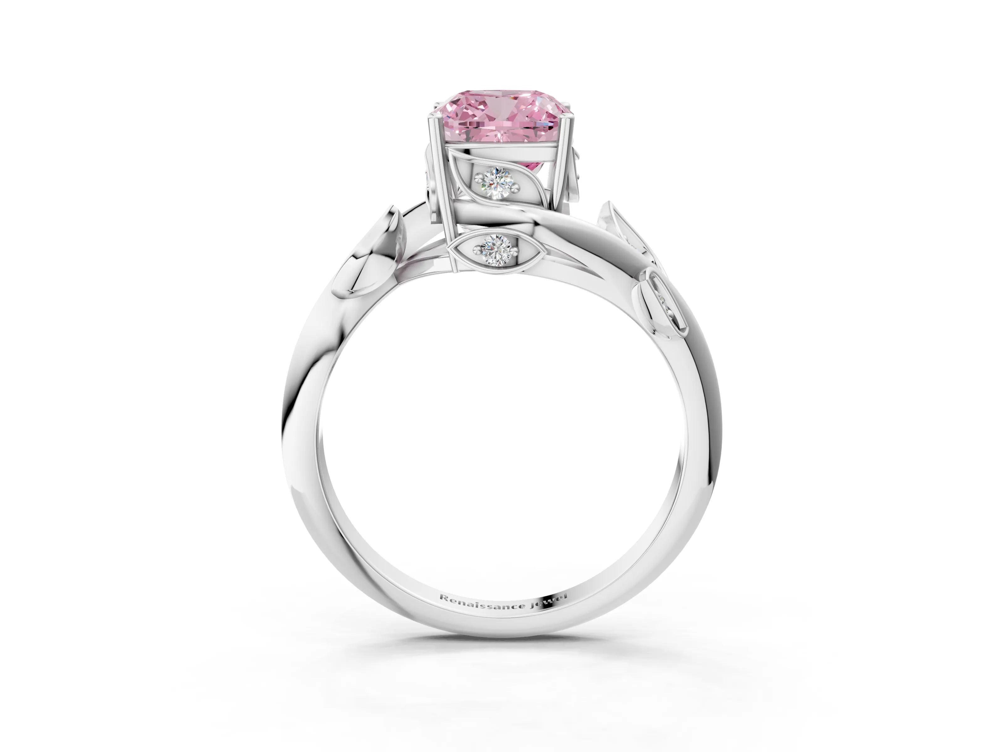 White gold Fancy Pink Cushion Cut Solitaire Twist Engagement Ring with Leaf Accents and Prong Setting_3