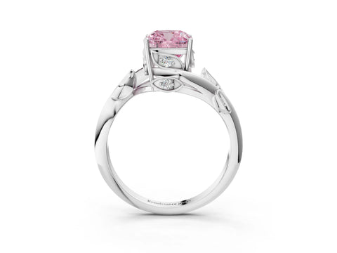 White gold Fancy Pink Cushion Cut Solitaire Twist Engagement Ring with Leaf Accents and Prong Setting_3
