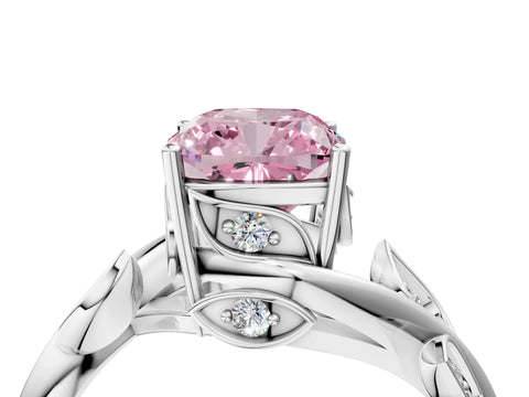 White gold Fancy Pink Cushion Cut Solitaire Twist Engagement Ring with Leaf Accents and Prong Setting_4
