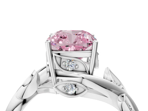 White gold Fancy Pink Cushion Cut Solitaire Twist Engagement Ring with Leaf Accents and Prong Setting_4