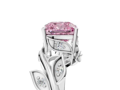 White gold Fancy Pink Cushion Cut Solitaire Twist Engagement Ring with Leaf Accents and Prong Setting_5