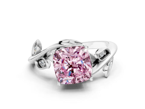 White gold Fancy Pink Cushion Cut Solitaire Twist Engagement Ring with Leaf Accents and Prong Setting