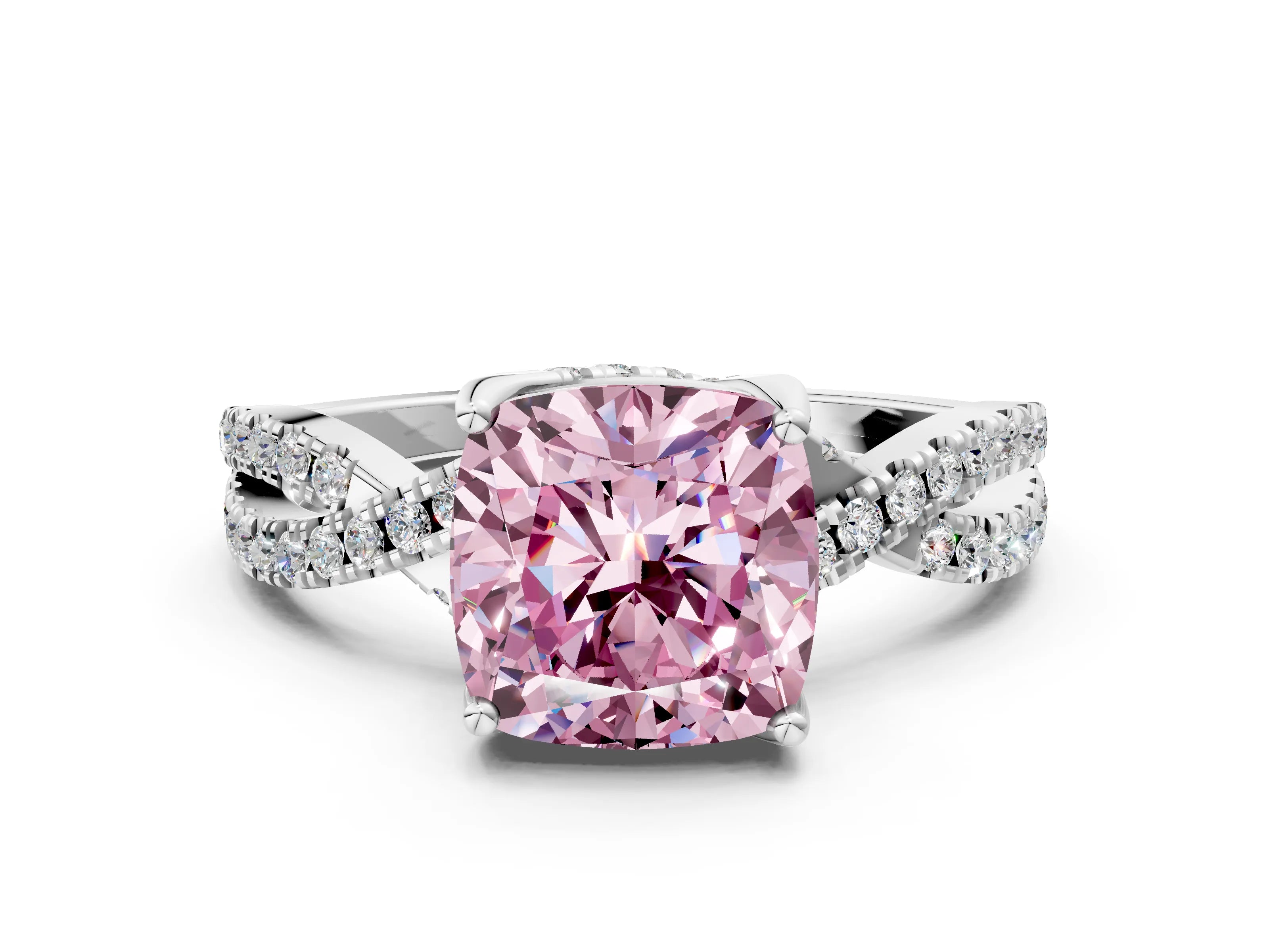 White gold Fancy Pink Cushion Cut Solitaire Twist Pave Diamond Engagement Ring with Prong Setting_12