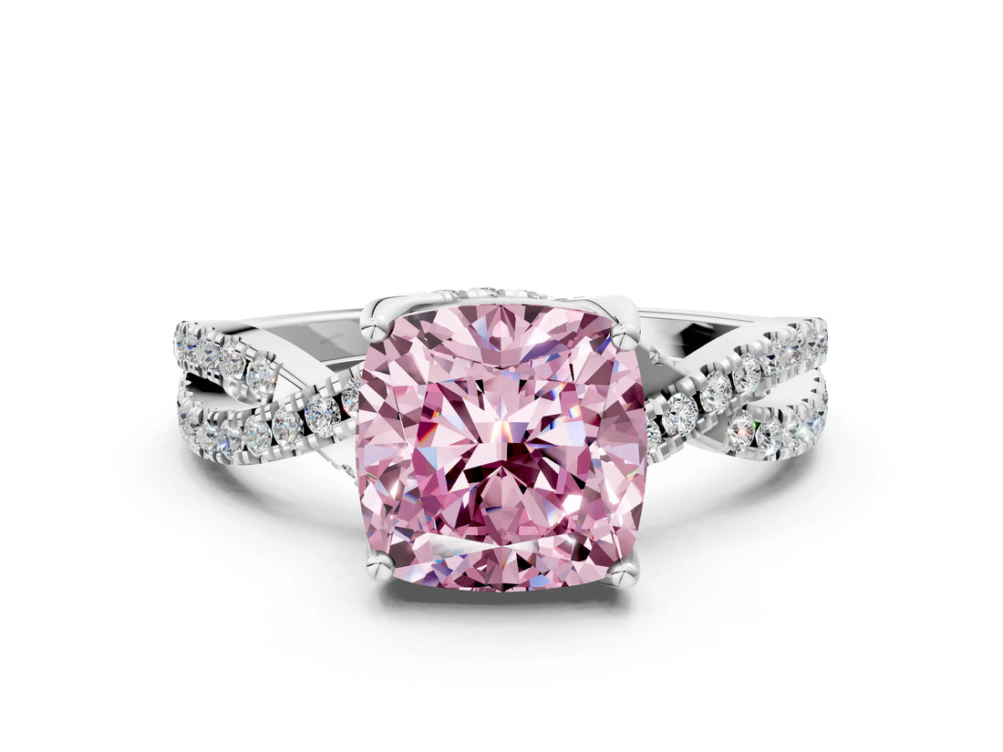 White gold Fancy Pink Cushion Cut Solitaire Twist Pave Diamond Engagement Ring with Prong Setting_12