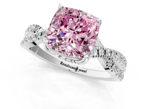 White gold Fancy Pink Cushion Cut Solitaire Twist Pave Diamond Engagement Ring with Prong Setting_13