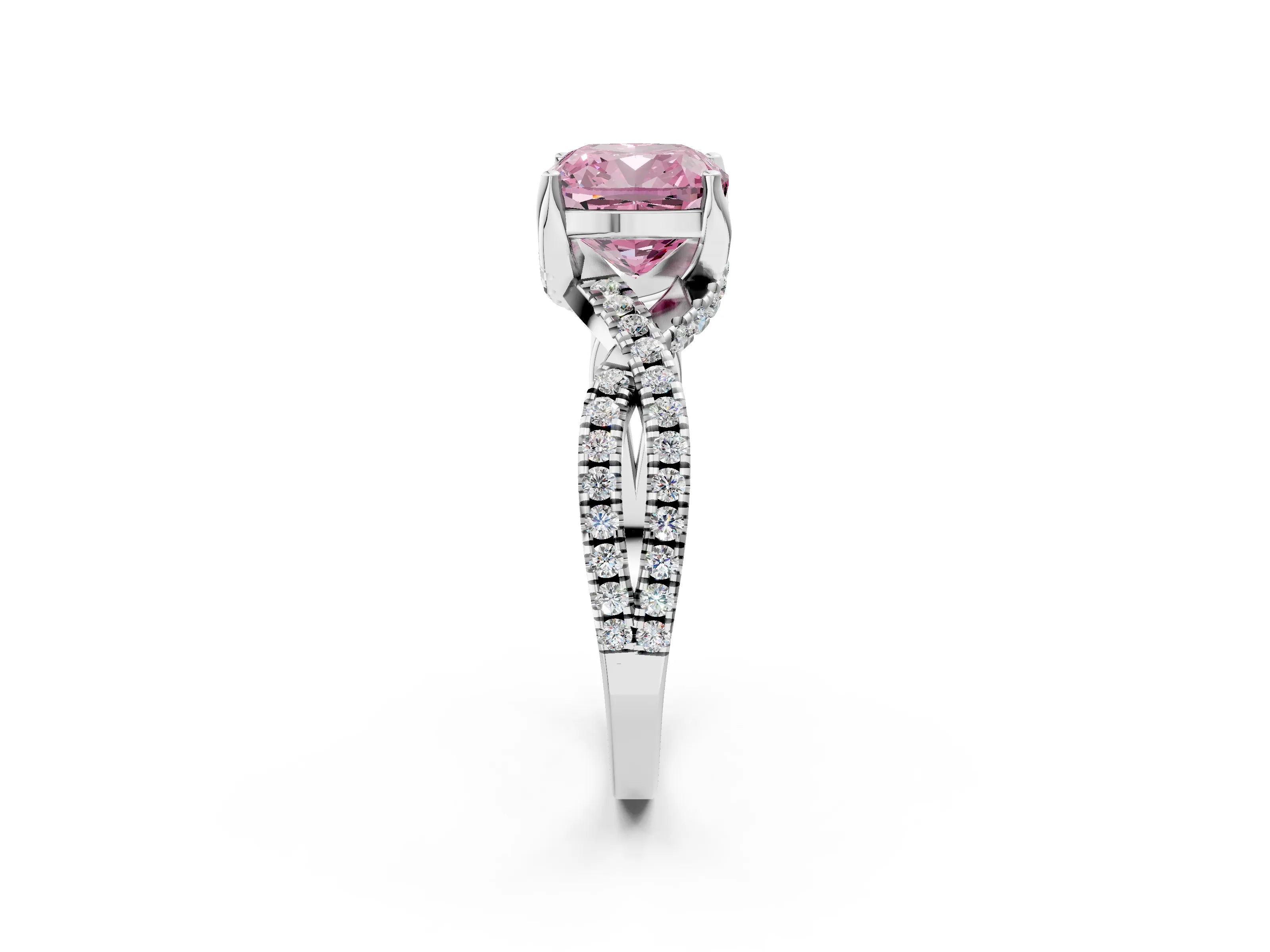 White gold Fancy Pink Cushion Cut Solitaire Twist Pave Diamond Engagement Ring with Prong Setting_14