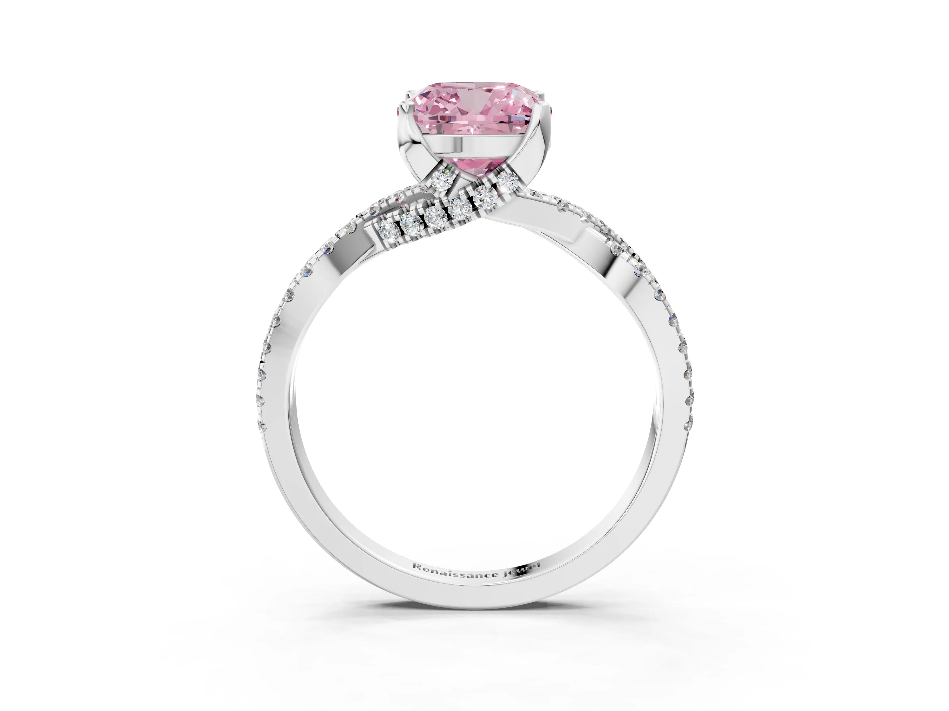 White gold Fancy Pink Cushion Cut Solitaire Twist Pave Diamond Engagement Ring with Prong Setting_15