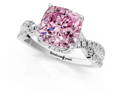 White gold Fancy Pink Cushion Cut Solitaire Twist Pave Diamond Engagement Ring with Prong Setting_1