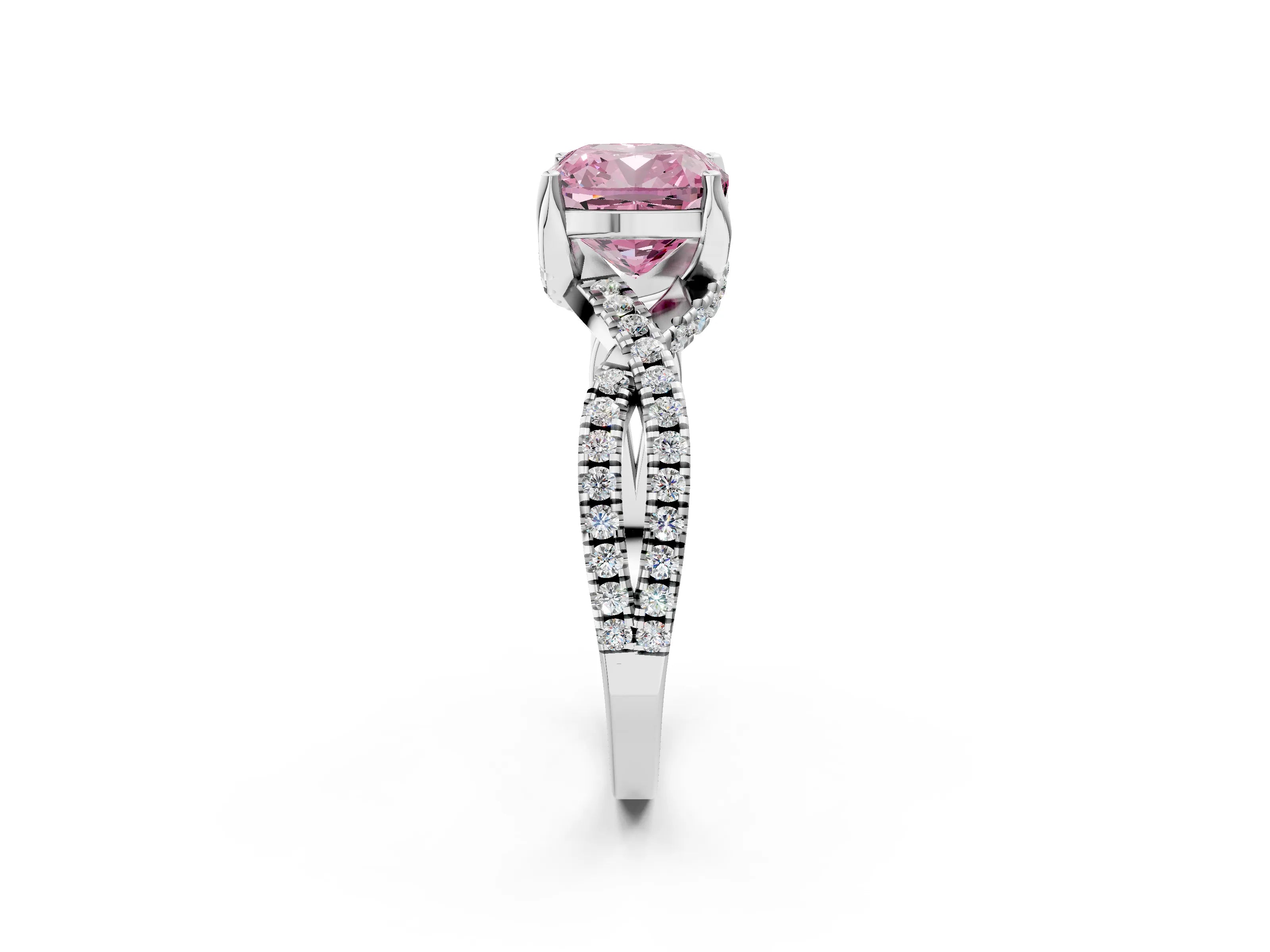White gold Fancy Pink Cushion Cut Solitaire Twist Pave Diamond Engagement Ring with Prong Setting_2