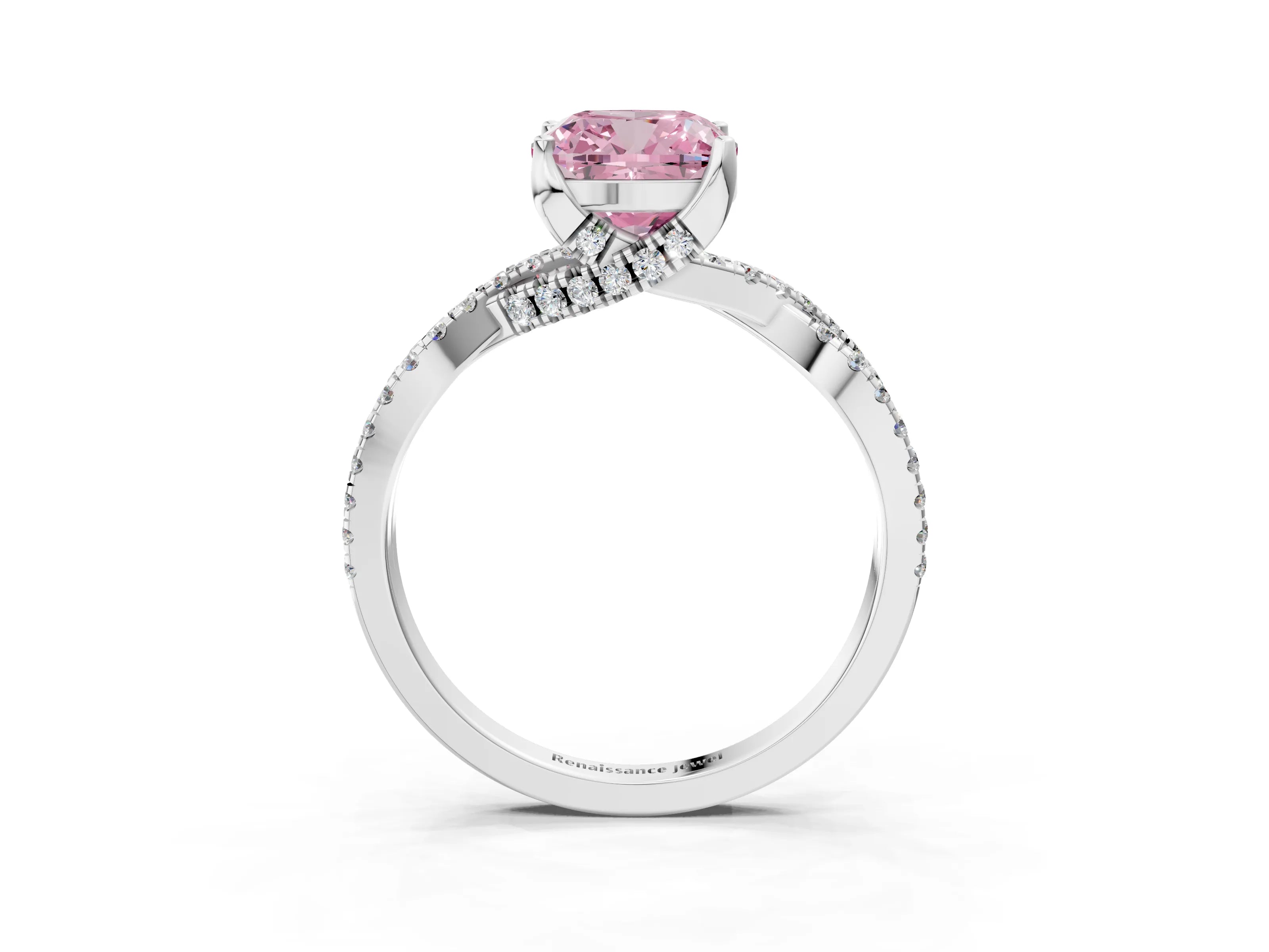 White gold Fancy Pink Cushion Cut Solitaire Twist Pave Diamond Engagement Ring with Prong Setting_31