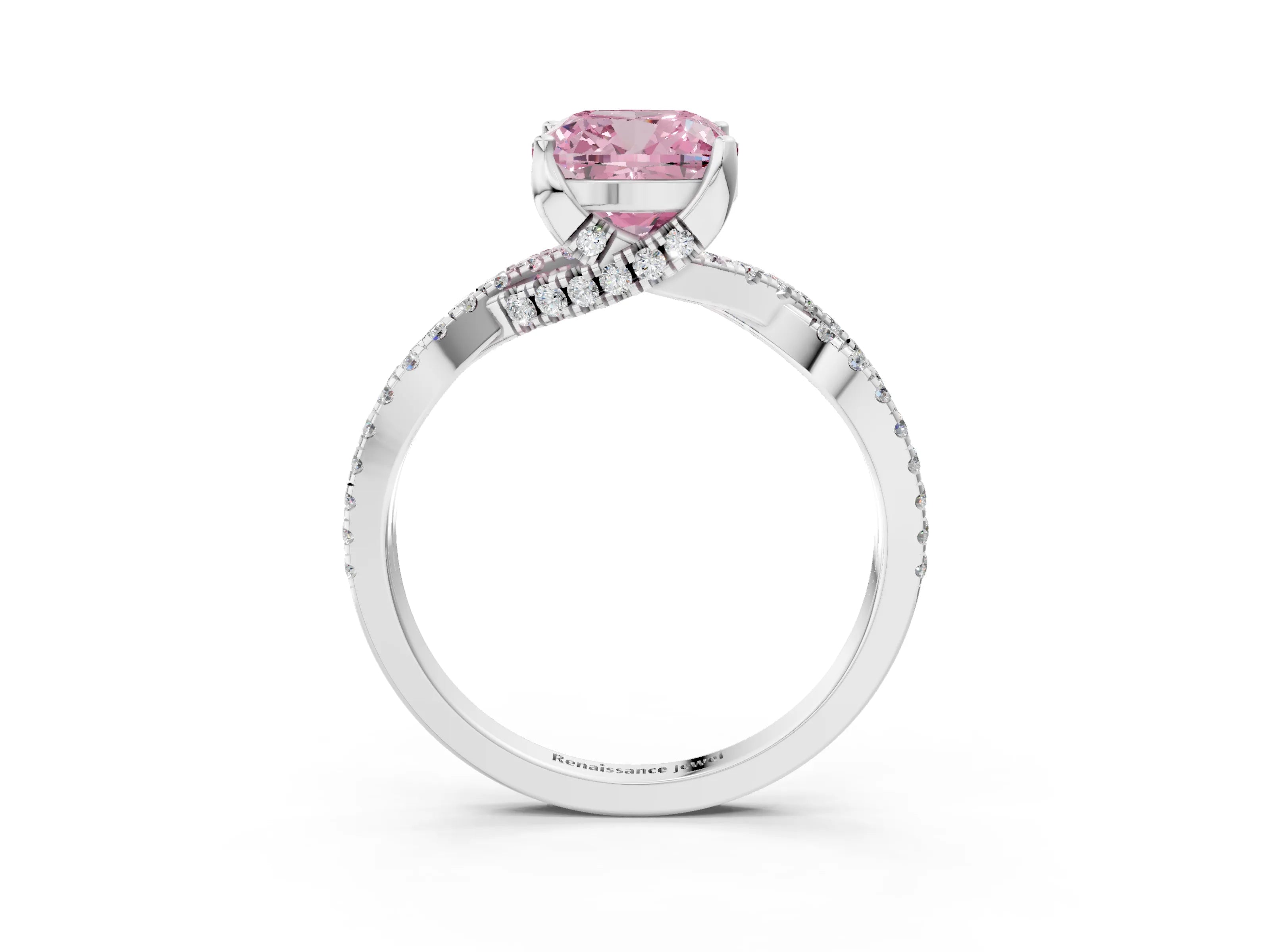 White gold Fancy Pink Cushion Cut Solitaire Twist Pave Diamond Engagement Ring with Prong Setting_3