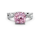 White gold Fancy Pink Cushion Cut Solitaire Twist Pave Diamond Engagement Ring with Prong Setting