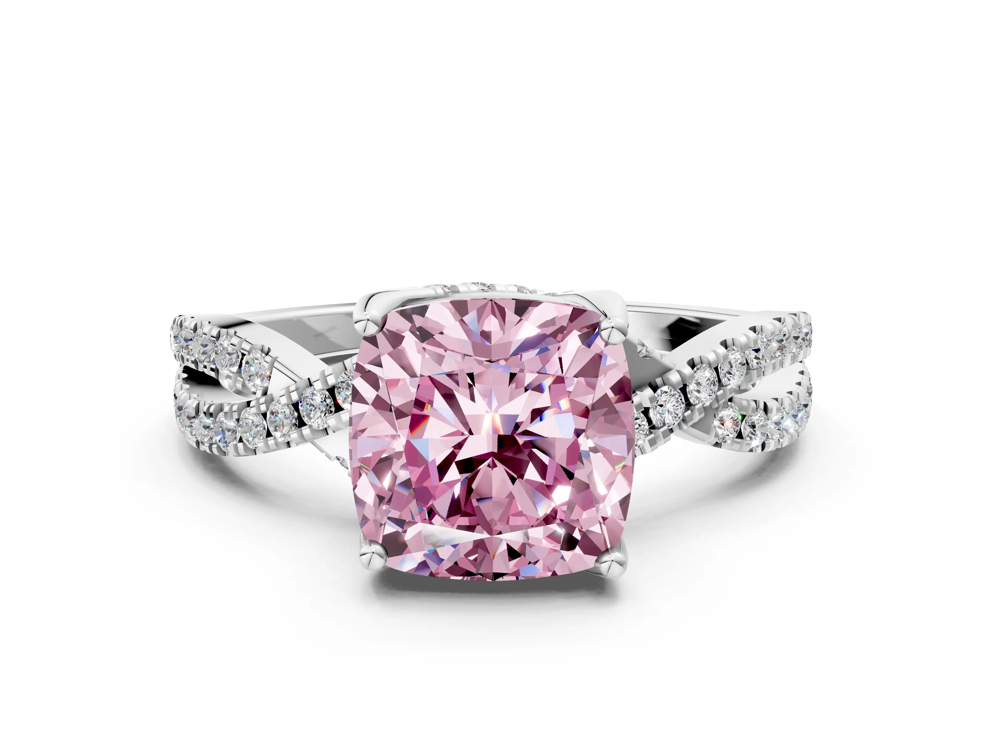 White gold Fancy Pink Cushion Cut Solitaire Twist Pave Diamond Engagement Ring with Prong Setting