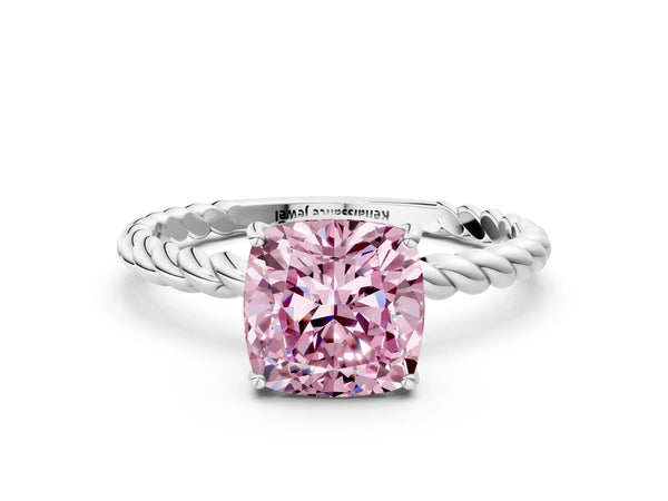 White gold Fancy Pink Cushion Cut Solitaire Twisted Band 4-Prong Ring