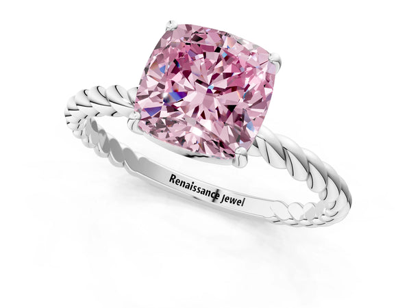 White gold Fancy Pink Cushion Cut Solitaire Twisted Band 4-Prong Ring