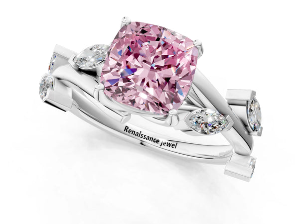 White gold Fancy Pink Cushion Cut Solitaire Twisted Band Marquise Accent Prong Setting Ring