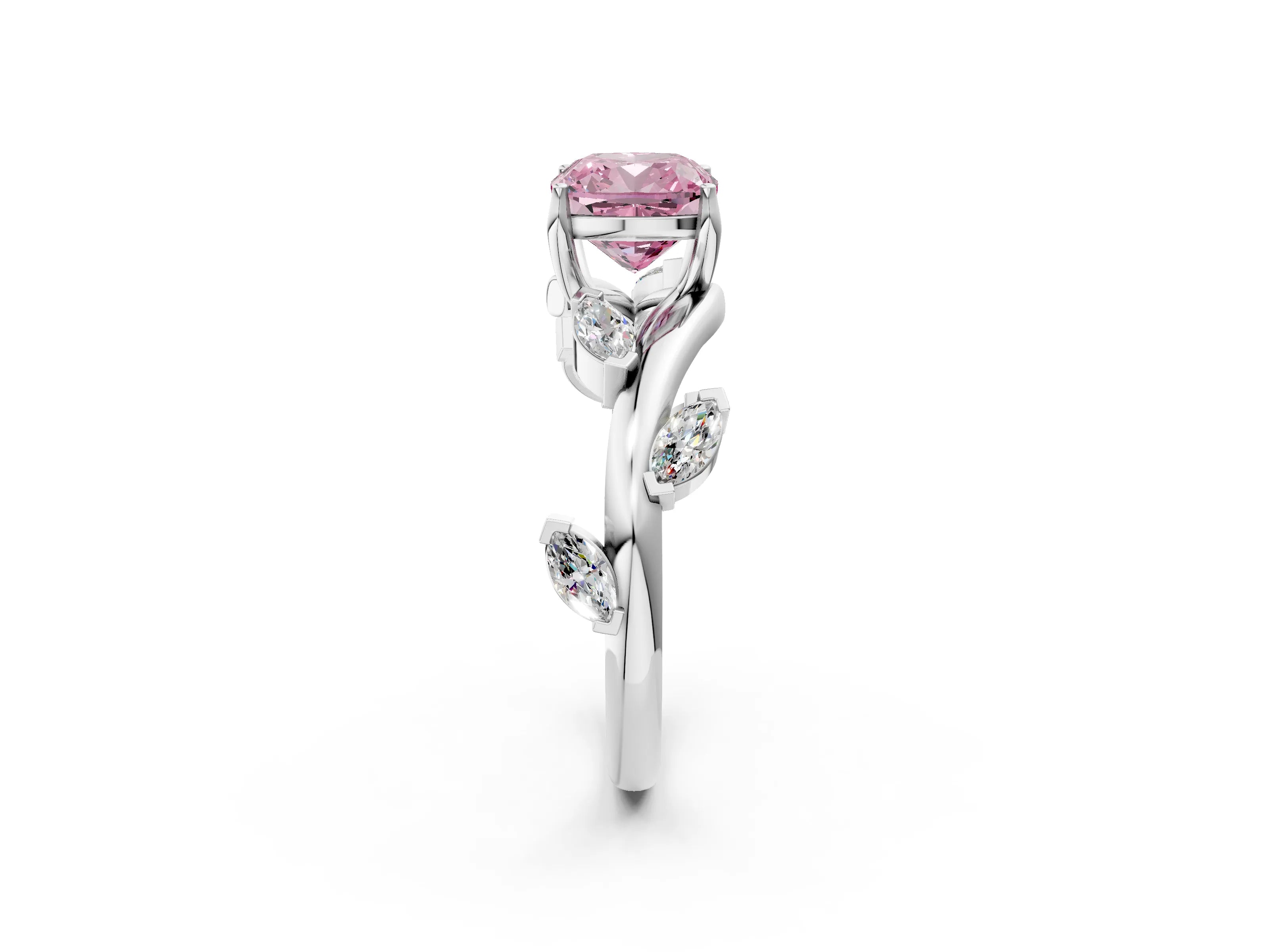 White gold Fancy Pink Cushion Cut Solitaire Twisted Band Marquise Accent Prong Setting Ring_2