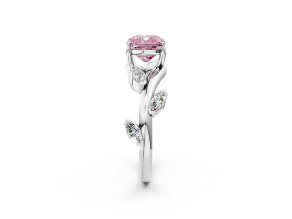 White gold Fancy Pink Cushion Cut Solitaire Twisted Band Marquise Accent Prong Setting Ring