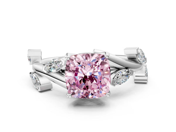 White gold Fancy Pink Cushion Cut Solitaire Twisted Band Marquise Accent Prong Setting Ring