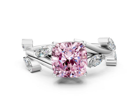 White gold Fancy Pink Cushion Cut Solitaire Twisted Band Marquise Accent Prong Setting Ring