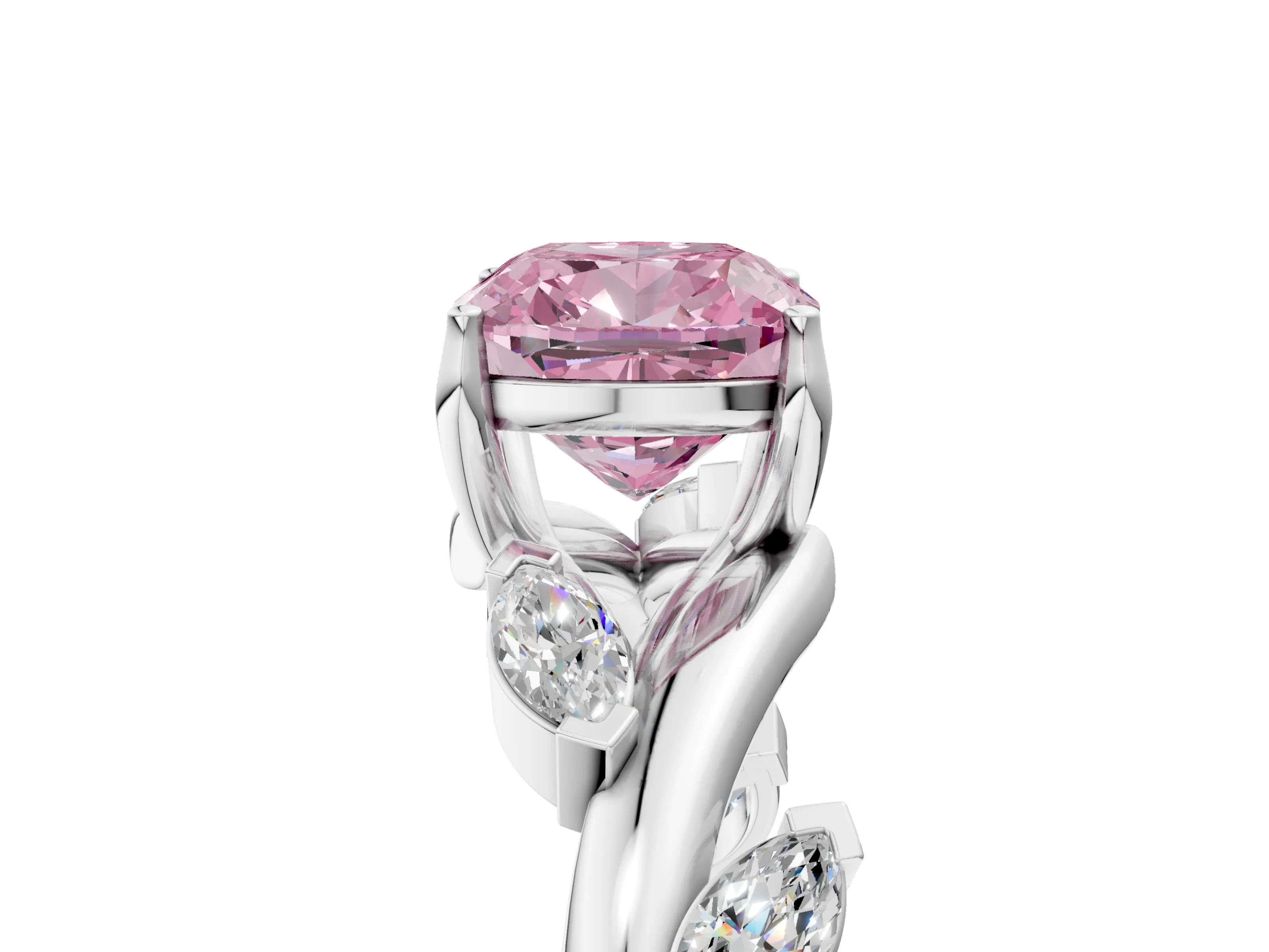 White gold Fancy Pink Cushion Cut Solitaire Twisted Band Marquise Accent Prong Setting Ring_5