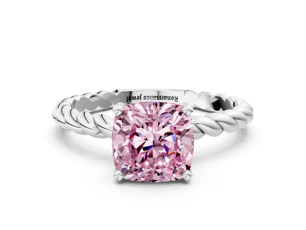 White gold Fancy Pink Cushion  Cut Solitaire Twisted Band with Four-Prong Setting