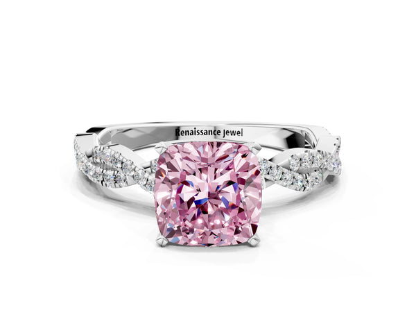 Platinum Fancy Pink Cushion Cut Solitaire Twisted Pave Band with Four-Prong Setting