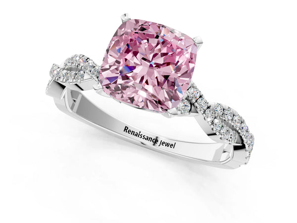 Platinum Fancy Pink Cushion Cut Solitaire Twisted Pave Band with Four-Prong Setting