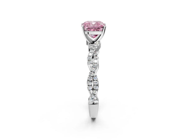 Platinum Fancy Pink Cushion Cut Solitaire Twisted Pave Band with Four-Prong Setting