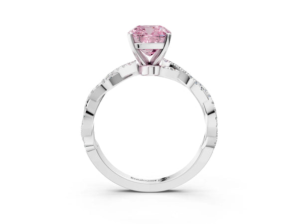 Platinum Fancy Pink Cushion Cut Solitaire Twisted Pave Band with Four-Prong Setting